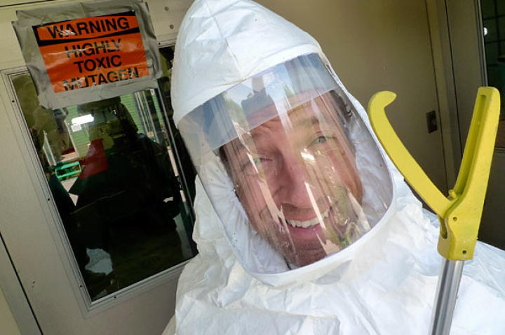 One technique to control the sea lamprey population in the Great Lakes? Sterilize the males, which requires the protective gear you see Mike Rowe sporting here.