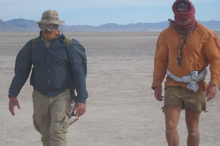 On their way toward the high country rimming the basin, Cody and Dave are caught in one of the frequent dust storms that torment eyes and noses and suck the moisture out of your body at an accelerated rate.