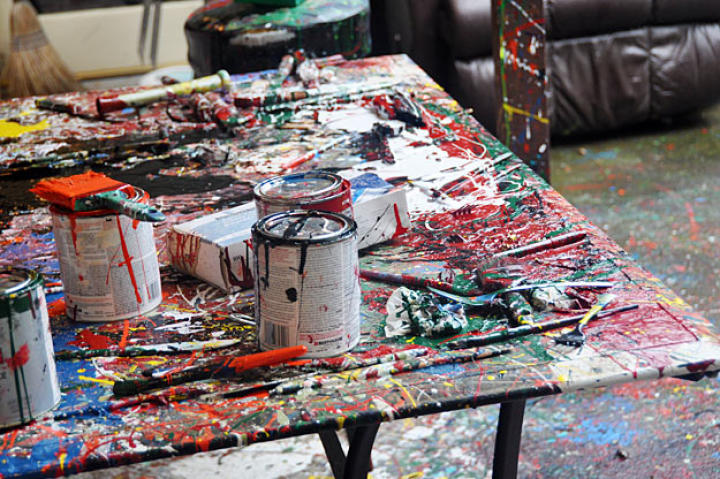 Mikey Teutul doesn't just paint at Paul Jr. Designs and at his Wolf Gang Gallery, but also on his back porch.