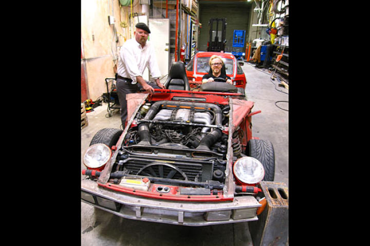 For "Reverse Engineering," Jamie Hyneman and Adam Savage flip the body of a 1970s sports car to see if its design really did make it go faster backward than forward.