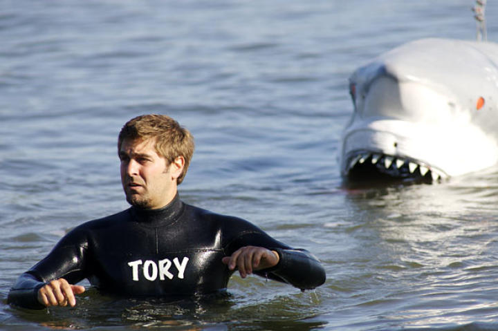 At the Encinal Boat Launch in Alameda, Calif., Tory Belleci channels Buster while demonstrating the power of a shark's bite for Shark Week 2008.