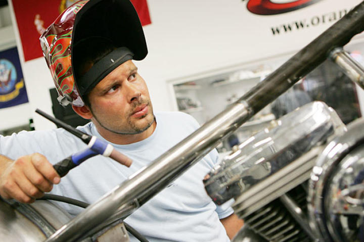 Paulie takes a moment during a 2005 build. Twenty episodes of American Chopper premiered on Discovery Channel in 2005.