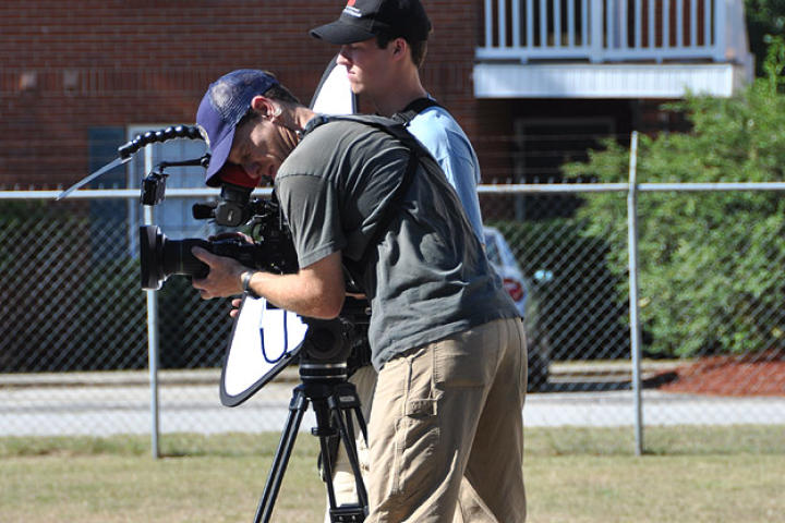 On a hot July morning in Georgia, director of photography Doug Glover and assistant camera guy Ryan Walsh get ready to shoot Mike Rowe's intro to "Cricket Farmer."