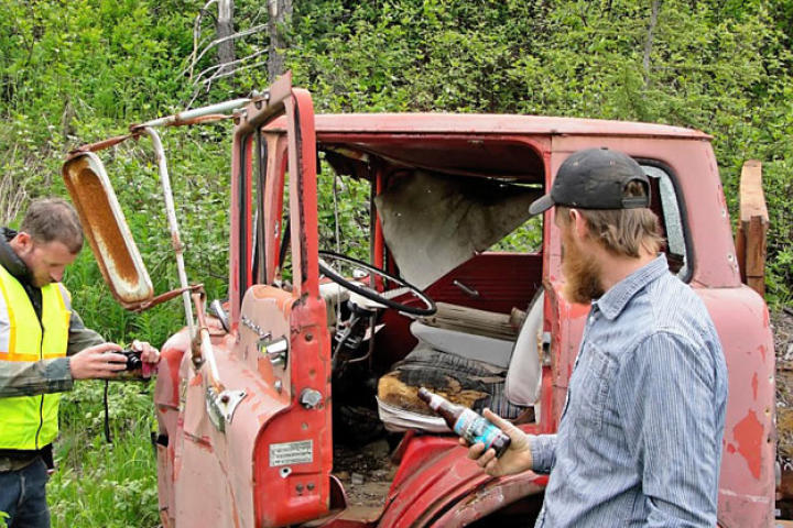 While doing an initial survey of the claim, Dorsey and Director of Photography Duane McClunie check out an abandoned truck probably left behind by mine owner Earle Foster.
