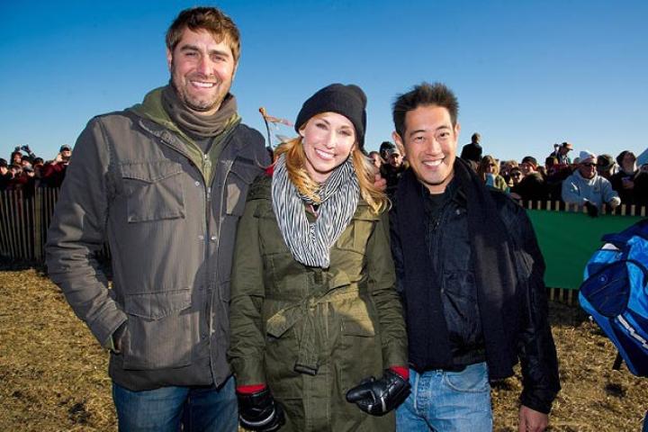 Our Punkin Chunkin hosts of Mythbusters fame, Tory Belleci, Kari Byron and Grant Imahara, pose for a group shot.