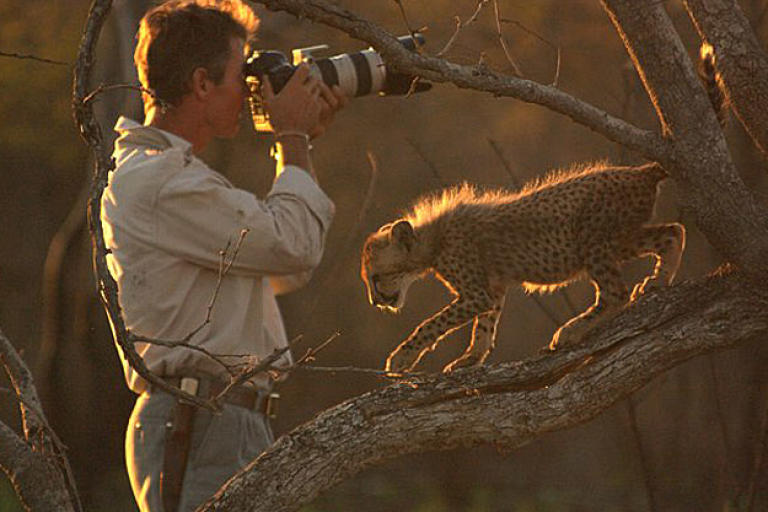 Kim Wolhuter with a curious cheetah cub.