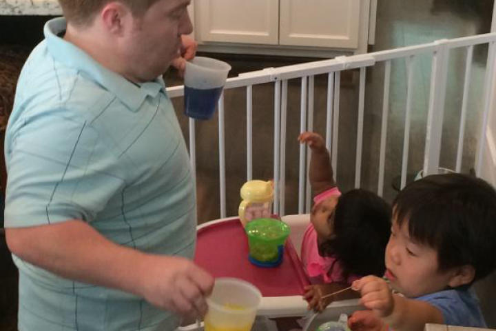 While Jen is at work, Bill gets the kids ready to dye some eggs, an Easter tradition in the Klein house.