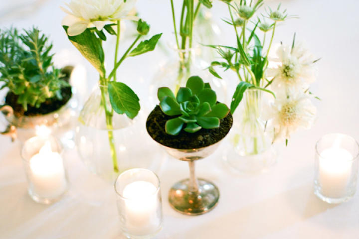 Go minimal with early spring centerpieces, like this collection of succulents and simple white flowers.