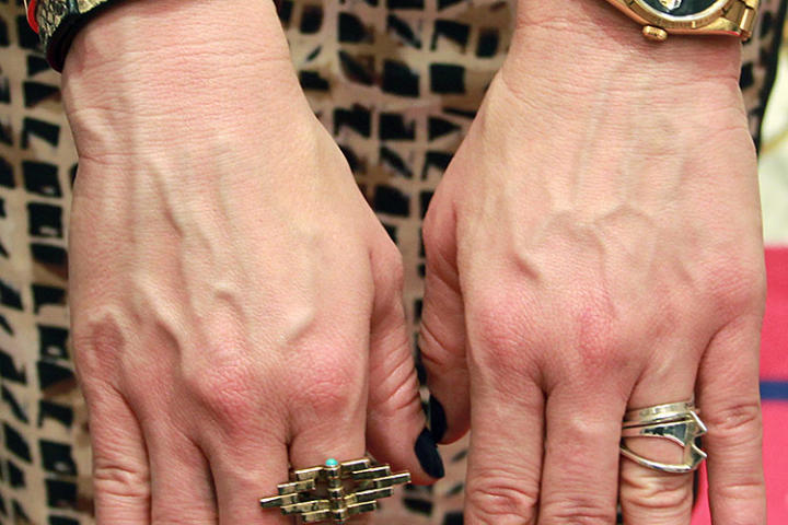 Buckle Bracelet by Henri Bendel, Gold Watch by Rolex, Gold Rings by Pamela Love, Silver Ring by Bliss Lau