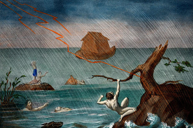 The Biblical story of Noah's Ark and the Flood is portrayed in a mid-19th century copy of "Grand Catechisme des Familles" (Christian Doctrine for Families).