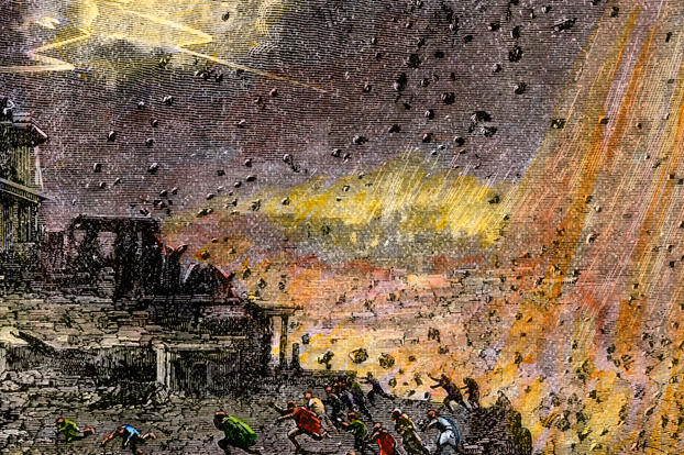 This hand-colored woodcut depicts the destruction of the ancient city of Pompeii by the eruption of Mount Vesuvius in 79 A.D.