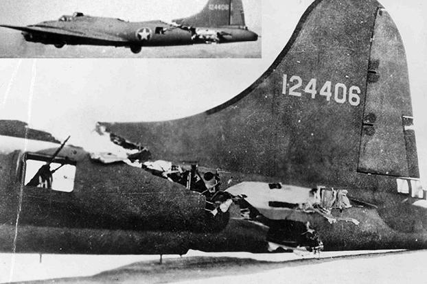 Demonstrating its ruggedness, this B-17 is shown flying (insert) steadily along after a collision with a German Me-109. It made it back safely to its base in Biskra, Algeria without its horizontal stabilizer.