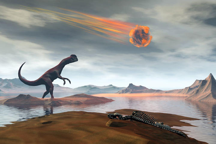 A dinosaur looks up as a massive meteor falls through the sky 65 million years ago.