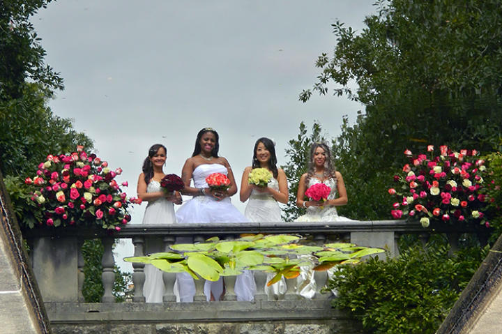 Brides Laura, Vanessa, Jenny and Stephanie's reflections in the fountain.