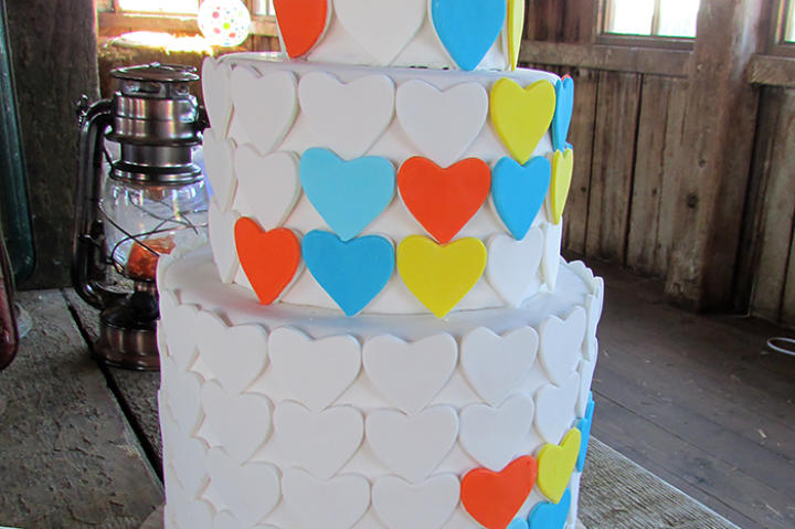 The cake echoed Hannah & RJ's color scheme of persimmon, peach, green, aquamarine blue, and grey.