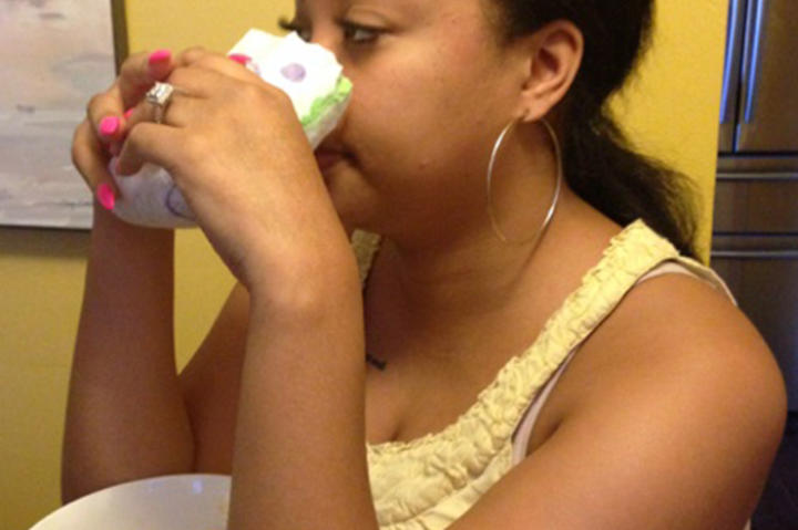 Keyshia chews and smells urine-filled diapers throughout the day.