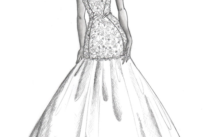 Kelly envisioned a figure-hugging dropped-waist bodice to showcase Terron's petite figure. Off-the-shoulder sleeves would frame her face for a royal look in the
