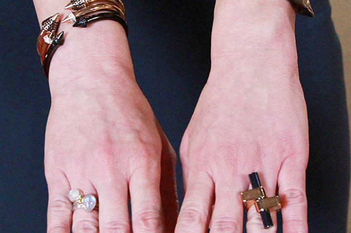 Three Spike Bracelets by Vita Fede, Textured Cuff by Alexis Bittar, Opal Ring by Stacy, Gold Ring by Vita Fede