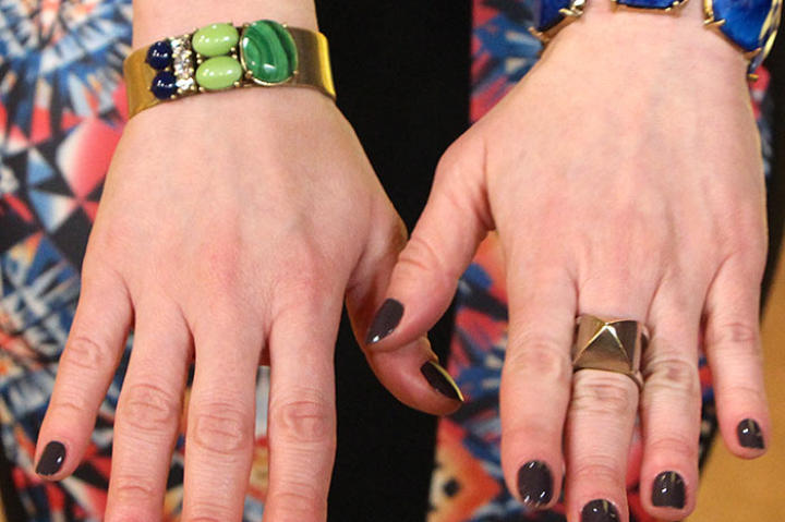 Blue and Green Gem Cuffs by Amrita Singh Jewelry and Gerard Yosca, Gold Cuff by Henri Bendel, Gold Bracelet and Pyramid Ring by Laura Kurtzman