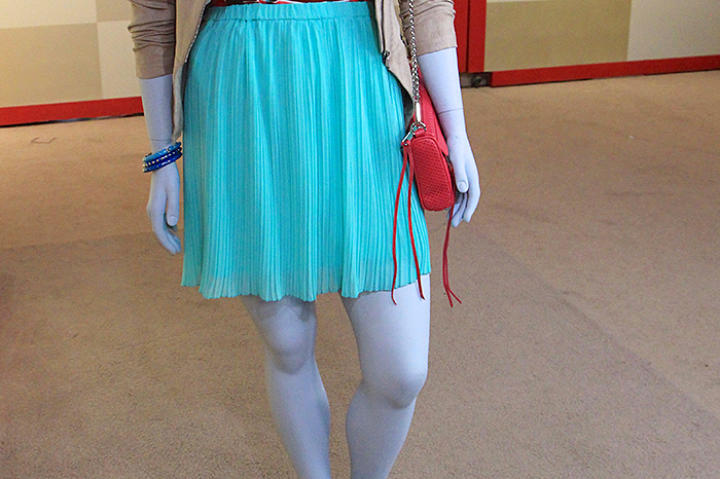 Magan's Look: Suede Jacket by DKNY, Plaid Blouse by Kate Spade, Mint Pleated Skirt by Brigitte, Blue Pumps by H&M, Hot Pink Clutch by Rebecca Minkoff