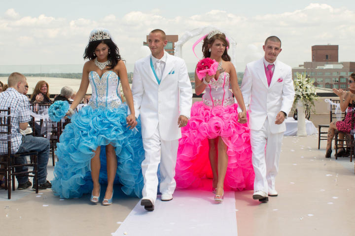 Kandace and Kayla chose electric blue and hot pink for their double wedding. These gypsy sisters exchanged vows with gorgers, and there were a few bumps in the road on the way to the altar. Nevertheless, they looked blingtastic at their wedding!