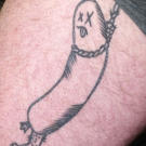 Before: Dirk shows his tattoo of a one-foot hanging sausage on his thigh.