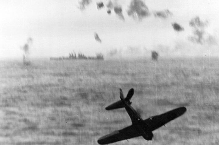 Mission (thankfully) Not Accomplished. A Japanese Zero Kamikaze right before plunging into the sea as it attempted to hit the USS Essex aircraft carrier off of Okinawa in 1945.