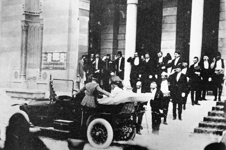 Heir to the Austro-Hungarian throne Archduke Franz Ferdinand and his wife, Sophie, are pictured here in the back of a motor car shortly before they would be assassinated by Gavrilo Princip, a Yugoslav nationalist, on June 28th, 1914. This event was the oft-cited "spark that lit the powder keg" that saw a succession of European powers dragged into what would be the bloodiest conflict in human history. Watch
