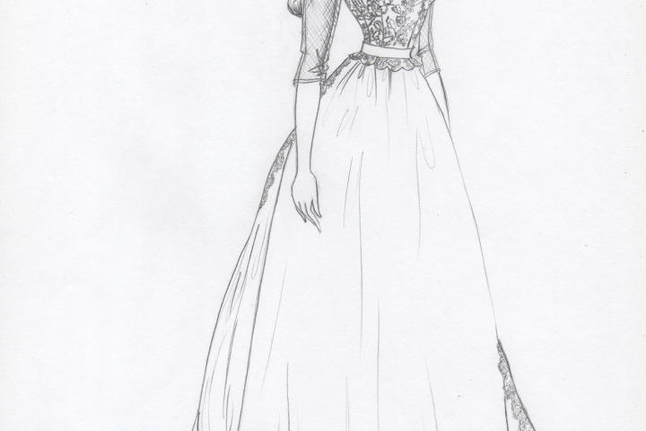 Kelly reimagined the borrowed dress with a much shorter train and illusion sleeves. She hoped to honor Olivia Kate's mother by incorporating some of the original lace in the bodice.