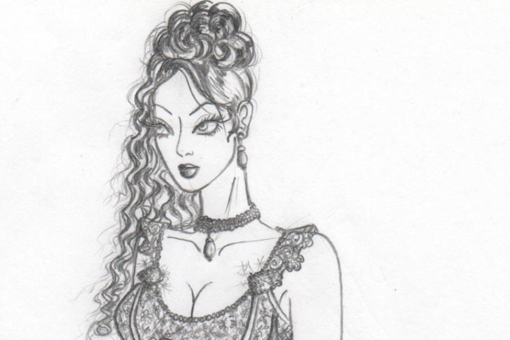 Kelly intended to make the dress sexier for Cat. She envisioned a new look with the fabric from the skirt turned vertically so the banded tiers would create princess seams that lengthened Cat's petite frame.