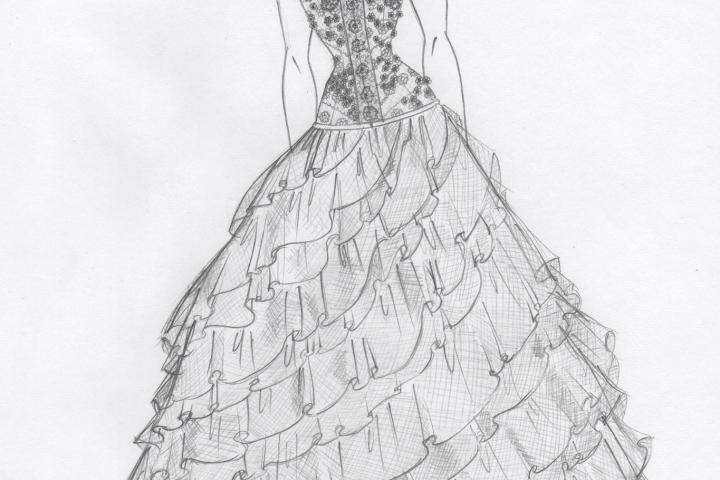 Jennipher insisted she liked nothing about the borrowed dress, but Kelly was determined to make it wearable. She sketched a ball gown with a bandage bodice and planned to use the unique lace.