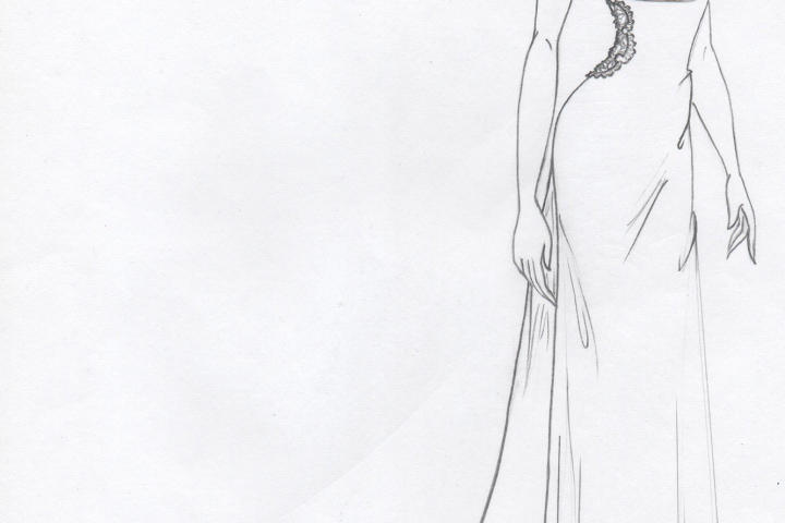 Kelly envisioned this dress with a draped cowl neck and scalloped lace on the waistline to flatter Marcy's petite figure.