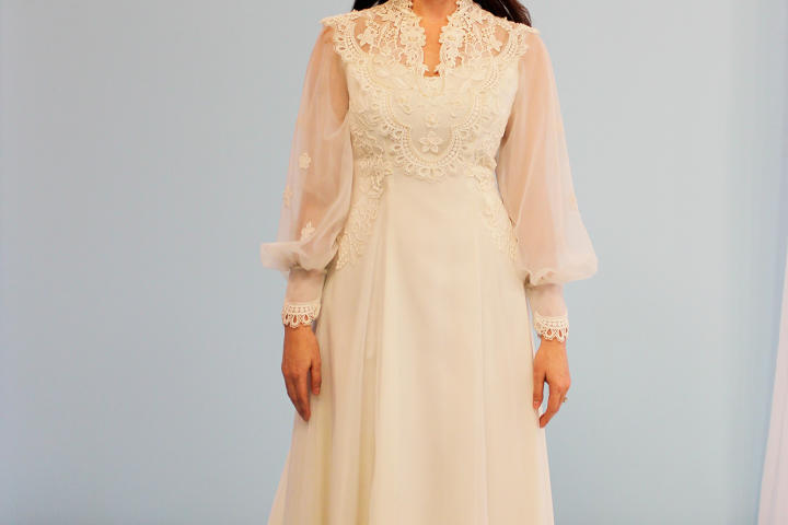 Jamie felt like Stevie Nicks in her mother's 1970s flowing chiffon gown with long sleeves and floral appliques.