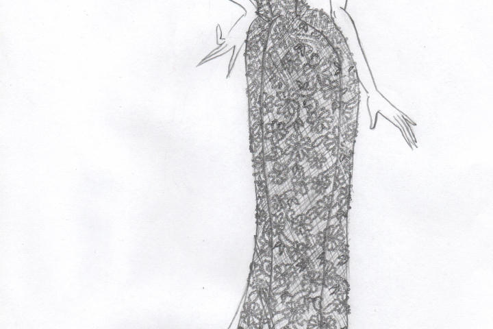 Kelly saw potential in the dress -- even the hat, which was trimmed with reworkable lace. She sketched a new design with a fit and flare shape and skinny beaded straps.