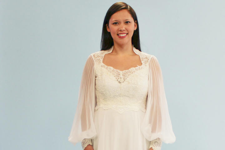 Sheena liked nothing about her mom's dress, an '80s A-line with sequined bodice, accordion-pleated sleeves and an illusion lace back.