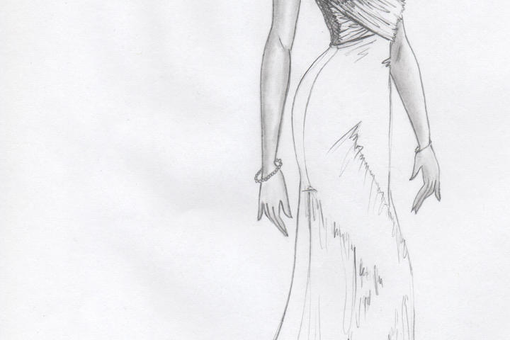With both sisters vying for their mother's gown, Kelly revamped it with two distinct styles in mind. Streamlined for tomboy Jen -- and sexy for pageant girl Alysha. She sketched a daringly low back and nixed the dated ruffles.