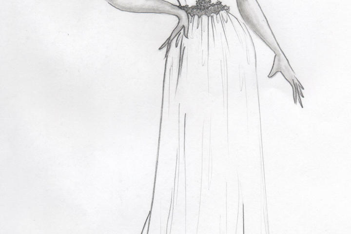 Kelly knew that modernizing the dress was the way to win Sheena's approval. She sketched a new design with nipped-in waist and demure lace accents on the bust.