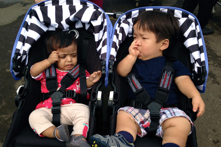 Zoey and Will sneak in some sibling bonding time in their strollers.