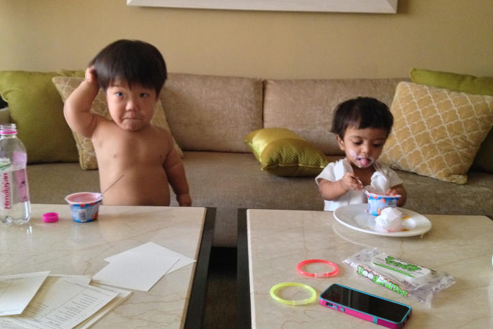 Will and Zoey enjoy yogurt with breakfast. Zoey seems to be the messier eater!