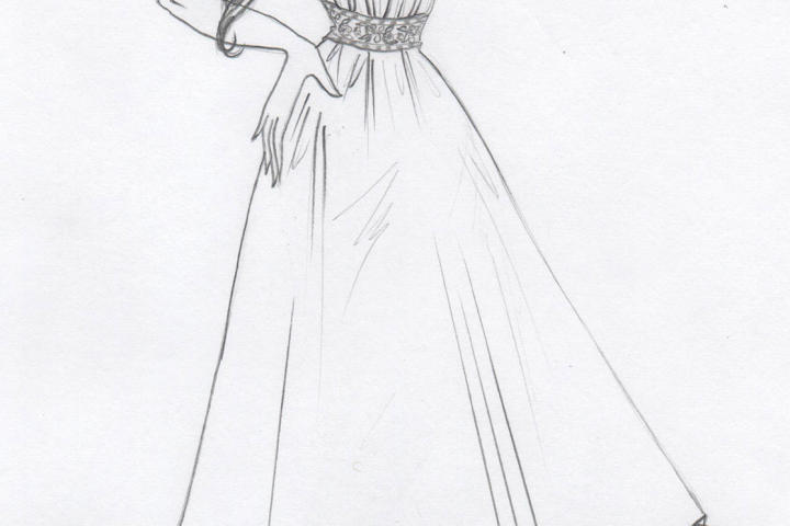 Kelly sketched an updated look for the vintage gown that brought up the hem and incorporated tank straps so the dress would stay in place while the bride danced.