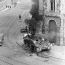 An M4 tank burns at the intersection of Karl Heine Str. and Zschochersche Str. in Leipzig, Germany, near the end of the war in Europe, 18 April 1945.
Watch