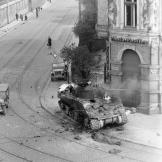 An M4 tank burns at the intersection of Karl Heine Str. and Zschochersche Str. in Leipzig, Germany, near the end of the war in Europe, 18 April 1945.
Watch