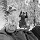 A great persepctive from a Red Army soldier as a Nazi soldier comes out of the forest, December 1941.