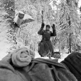A great persepctive from a Red Army soldier as a Nazi soldier comes out of the forest, December 1941.