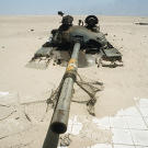 AN Iraqi T-62 main battle tank destroyed near Ali Al Salem Air Base during Operation Desert Storm, April 1991.
Watch video of the