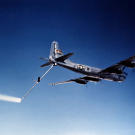 No smoking! A Boeing KB-29P Superfortress with aviation fuel streaming out of its boom.
