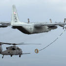 In flight refueling is not just for airplanes. Here A U.S. Marine Corps CH-53 Super Stallion approaches an HC-130P Hercules aircraft for aerial refueling over Djibouti during Operation Enduring Freedom..