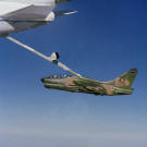 A Vought YA-7K Corsair II refuels over Edwards Air Force base in California in 1982. Notice the pitch of the Corsair.