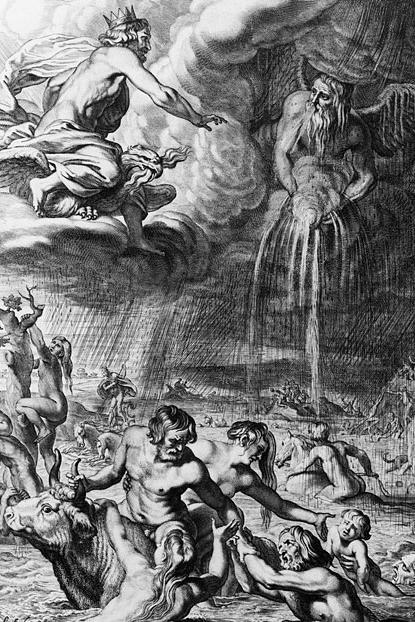 In this illustration from a 1665 edition of Ovid's "Metamorphoses," men flee from a deadly downpour unleashed upon them by the command of the ancient god Jupiter (Zeus, to the Greeks).