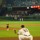 Bill and Jen work together to throw out the first pitch at a Houston Astros vs. Kansas City Royals baseball game. The little couple has made Houston their new home and definitely been greeted with open arms and catcher's mitt!